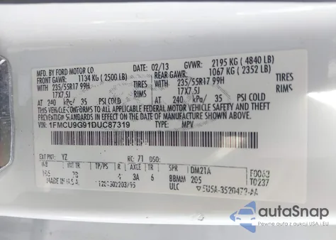 2013 Ford Escape Se z USA, uszkodzony, nr VIN 1FMCU9G91DUC87319